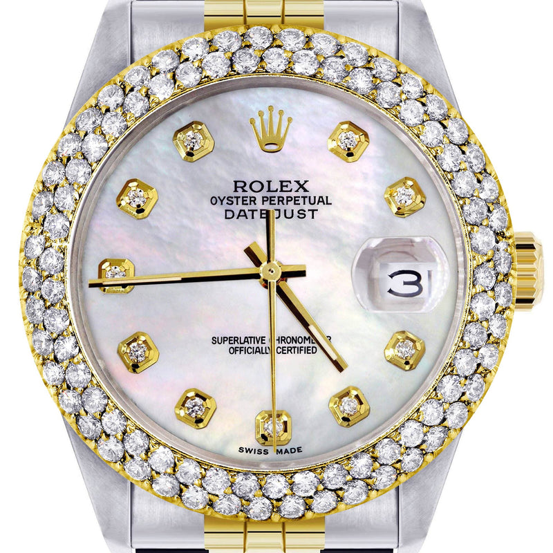 Diamond Gold Rolex Watch For Women 16233 | 36Mm | Mother of Pearl Dial | Two Row 4.25 Carat Bezel | Jubilee Band