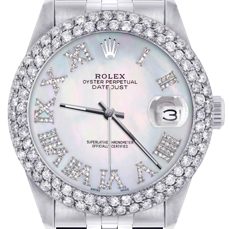 Womens Rolex Datejust Watch 16200 | 36Mm | Light Mother of Pearl Roman Numeral Dial | Two Row 4.25 Carat Bezel | Jubilee Band