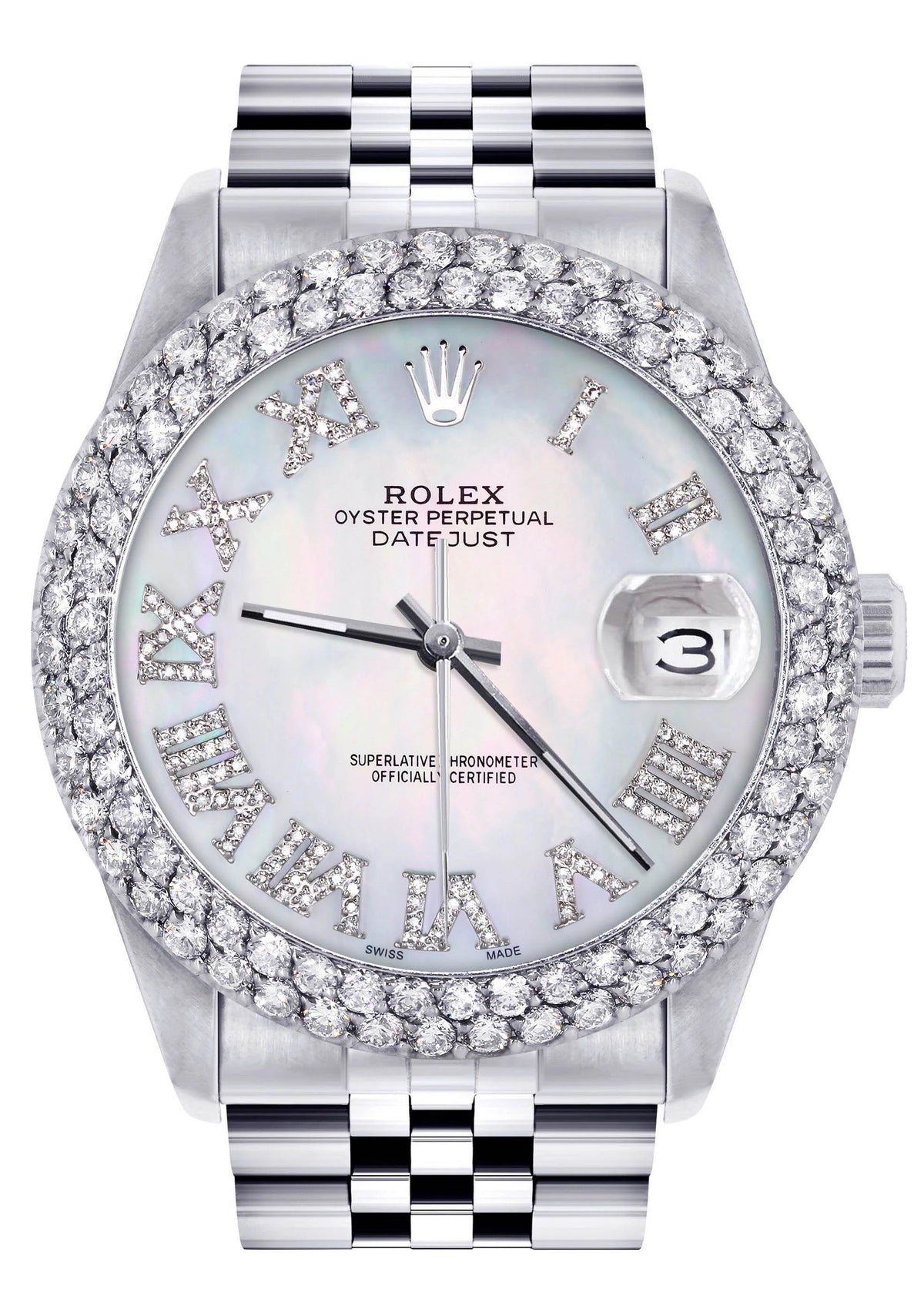 Womens Rolex Datejust Watch 16200 | 36Mm | Light Mother of Pearl Roman Numeral Dial | Two Row 4.25 Carat Bezel | Jubilee Band