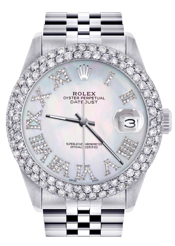 Womens Rolex Datejust Watch 16200 | 36Mm | Light Mother of Pearl Roman Numeral Dial | Two Row 4.25 Carat Bezel | Jubilee Band