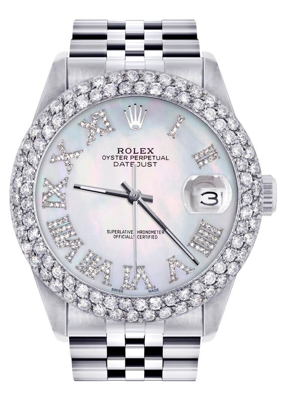 Womens Rolex Datejust Watch 16200 | 36Mm | Light Mother of Pearl Roman Numeral Dial | Two Row 4.25 Carat Bezel | Jubilee Band