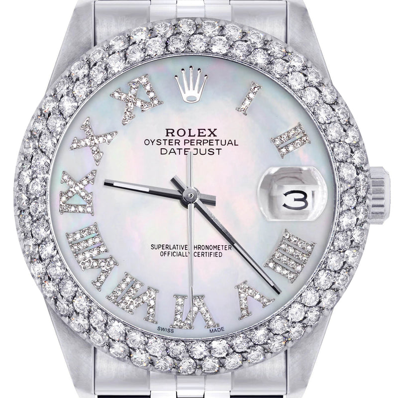 Mens Rolex Datejust Watch 16200 | 36Mm | Light Mother of Pearl Roman Numeral Dial | Two Row 4.25 Carat Bezel | Jubilee Band