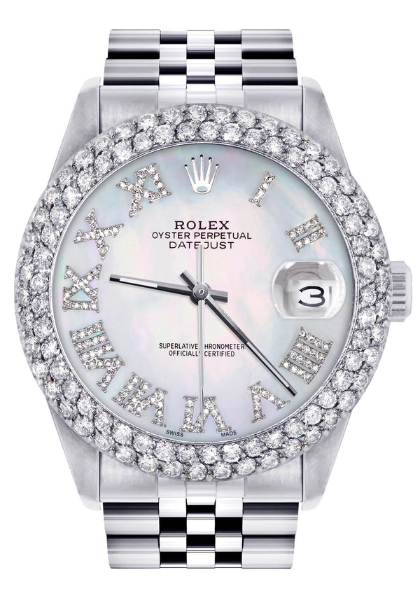 Mens Rolex Datejust Watch 16200 | 36Mm | Light Mother of Pearl Roman Numeral Dial | Two Row 4.25 Carat Bezel | Jubilee Band
