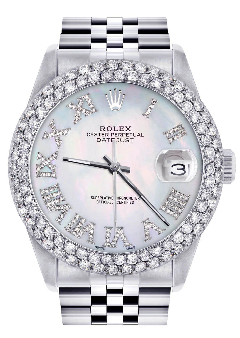 Mens Rolex Datejust Watch 16200 | 36Mm | Light Mother of Pearl Roman Numeral Dial | Two Row 4.25 Carat Bezel | Jubilee Band