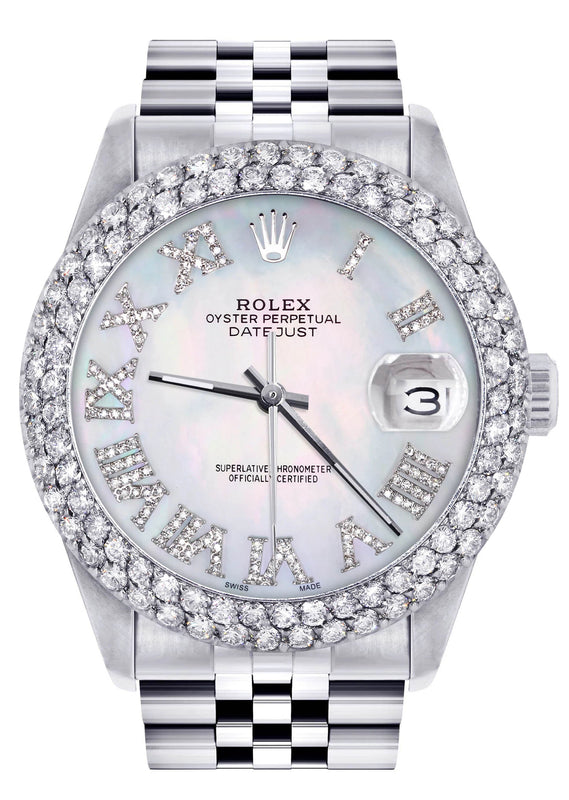 Mens Rolex Datejust Watch 16200 | 36Mm | Light Mother of Pearl Roman Numeral Dial | Two Row 4.25 Carat Bezel | Jubilee Band