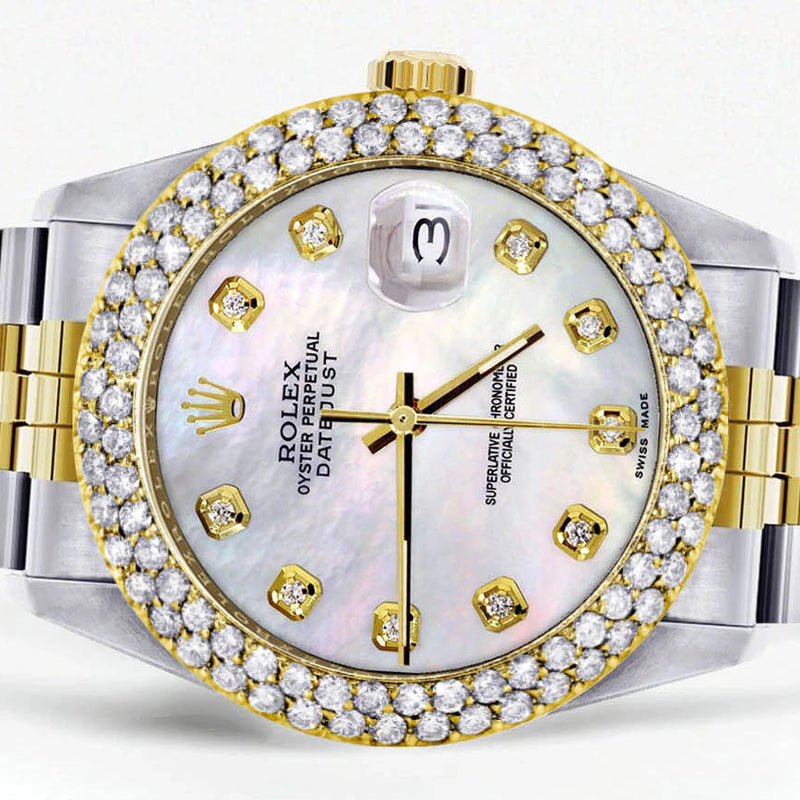Diamond Gold Rolex Watch For Women 16233 | 36Mm | Mother of Pearl Dial | Two Row 4.25 Carat Bezel | Jubilee Band