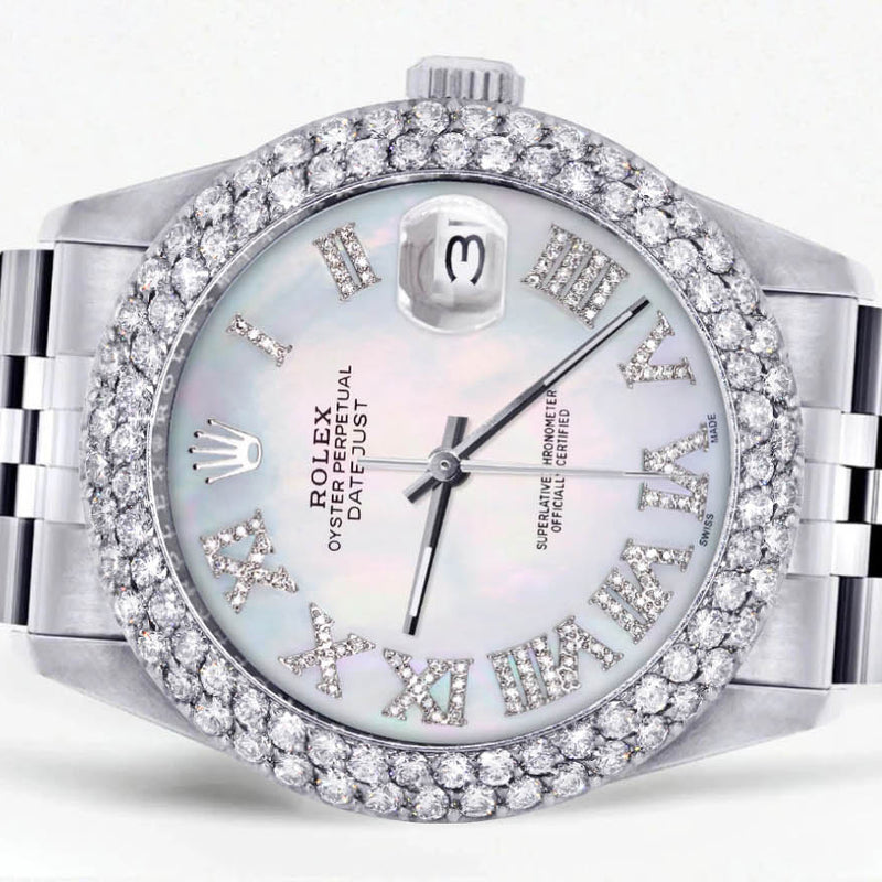 Mens Rolex Datejust Watch 16200 | 36Mm | Light Mother of Pearl Roman Numeral Dial | Two Row 4.25 Carat Bezel | Jubilee Band