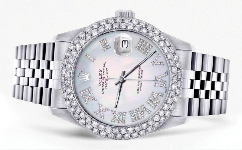 Mens Rolex Datejust Watch 16200 | 36Mm | Light Mother of Pearl Roman Numeral Dial | Two Row 4.25 Carat Bezel | Jubilee Band