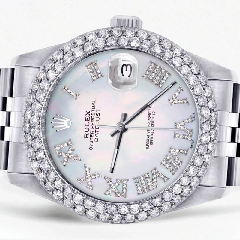 Womens Rolex Datejust Watch 16200 | 36Mm | Light Mother of Pearl Roman Numeral Dial | Two Row 4.25 Carat Bezel | Jubilee Band