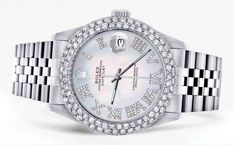 Womens Rolex Datejust Watch 16200 | 36Mm | Light Mother of Pearl Roman Numeral Dial | Two Row 4.25 Carat Bezel | Jubilee Band