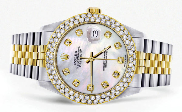 Diamond Gold Rolex Watch For Men 16233 | 36Mm | Mother of Pearl Dial | Two Row 4.25 Carat Bezel | Jubilee Band