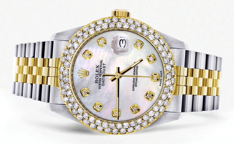 Diamond Gold Rolex Watch For Men 16233 | 36Mm | Mother of Pearl Dial | Two Row 4.25 Carat Bezel | Jubilee Band