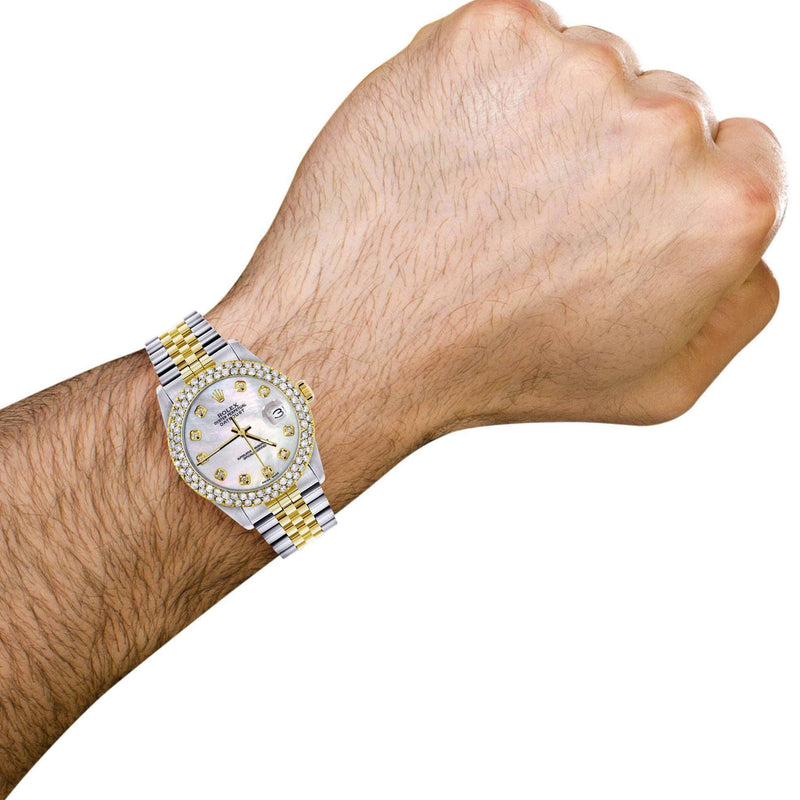 Diamond Gold Rolex Watch For Men 16233 | 36Mm | Mother of Pearl Dial | Two Row 4.25 Carat Bezel | Jubilee Band