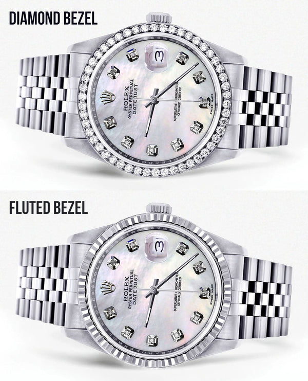 Diamond Mens  Rolex Datejust Watch 16200 | 36Mm | White Mother Of Pearl Dial | Jubilee Band