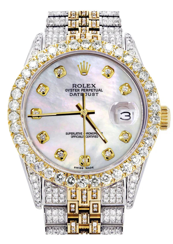 Iced Out Rolex Datejust | 36MM | Mother of Pearl Diamond Dial | Two Tone | Diamond Jubilee Band | 10 Carats of Diamonds