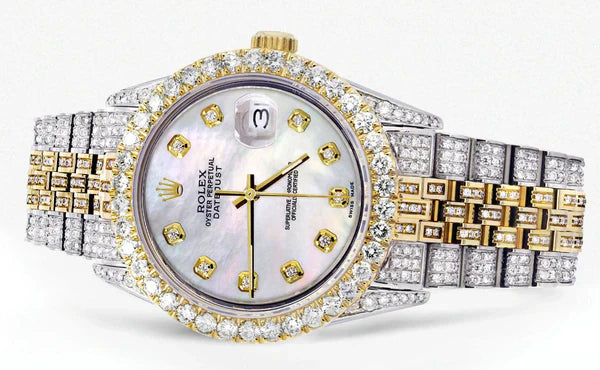 Iced Out Rolex Datejust | 36MM | Mother of Pearl Diamond Dial | Two Tone | Diamond Jubilee Band | 10 Carats of Diamonds