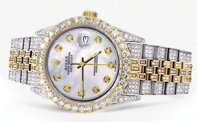 Iced Out Rolex Datejust 36 MM | Two Tone | 10 Carats of Diamonds | Mother of Pearl Diamond Dial