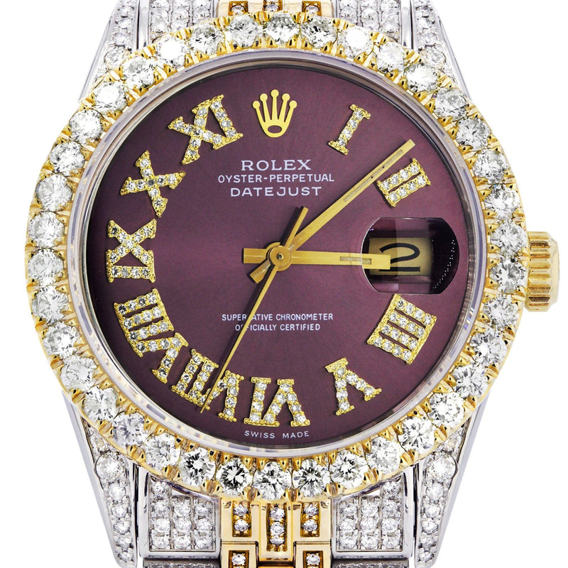 Iced Out Rolex Datejust 36 MM | Two Tone | 10 Carats of Diamonds |  Burgundy Roman Diamond Dial