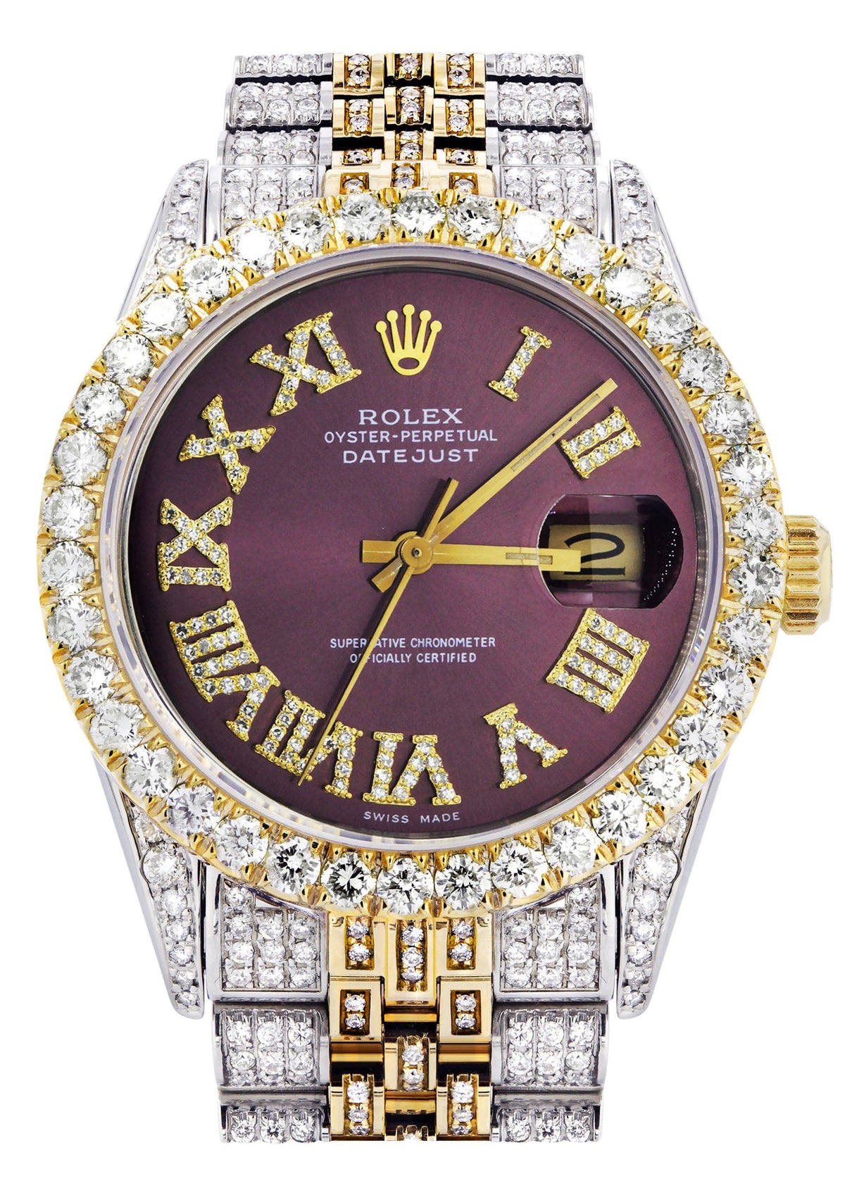 Iced Out Rolex Datejust 36 MM | Two Tone | 10 Carats of Diamonds |  Burgundy Roman Diamond Dial