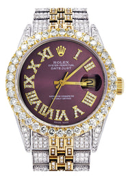 Iced Out Rolex Datejust 36 MM | Two Tone | 10 Carats of Diamonds |  Burgundy Roman Diamond Dial