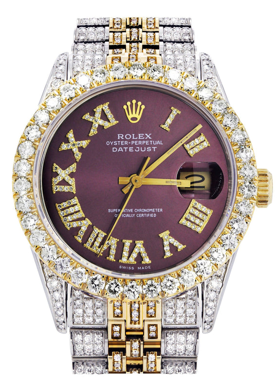 Iced Out Rolex Datejust 36 MM | Two Tone | 10 Carats of Diamonds |  Burgundy Roman Diamond Dial