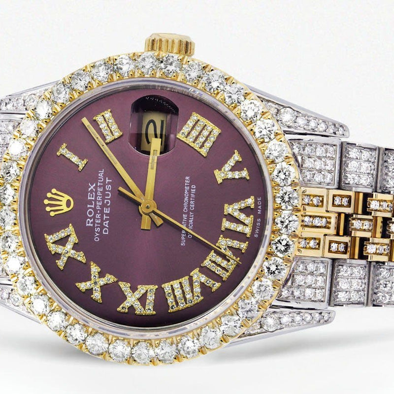 Iced Out Rolex Datejust 36 MM | Two Tone | 10 Carats of Diamonds |  Burgundy Roman Diamond Dial