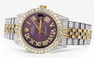 Iced Out Rolex Datejust 36 MM | Two Tone | 10 Carats of Diamonds |  Burgundy Roman Diamond Dial