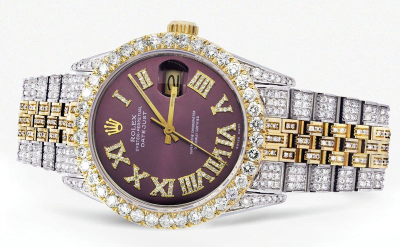 Iced Out Rolex Datejust 36 MM | Two Tone | 10 Carats of Diamonds |  Burgundy Roman Diamond Dial