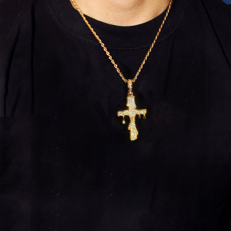Gold Plated Cuban Link Chain & Melting Cross Pendant | Appx. 10.9 Grams
