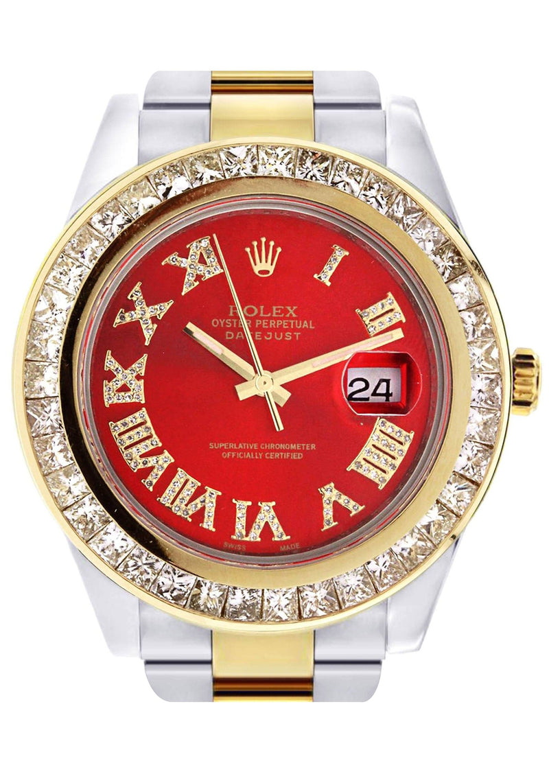Diamond Rolex Datejust 2 | 18K Yellow Gold and Stainless Steel | Red Diamond Roman Numeral Dial | 41 Mm | 7.75 Carats