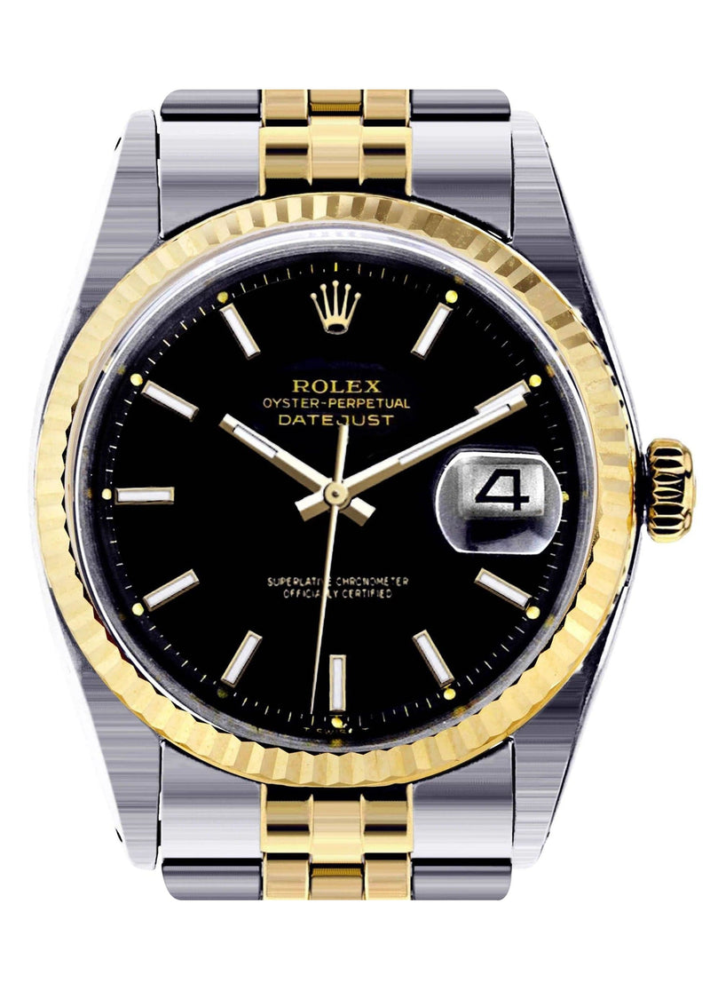Diamond Rolex Datejust | 18K Yellow Gold and Stainless Steel | Fluted Gold Bezel | 36 MM | Black Stick Dial