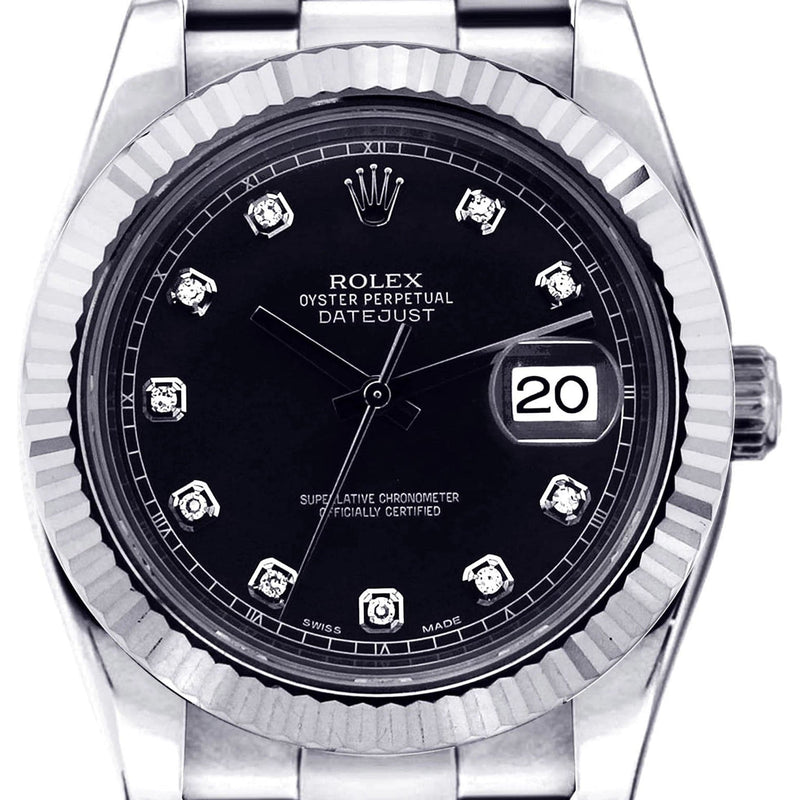 ROLEX DATEJUST 2 41 MM | STEEL WATCH | OYSTER BAND | BLACK DIAMOND DIAL | 18K FLUTED BEZEL