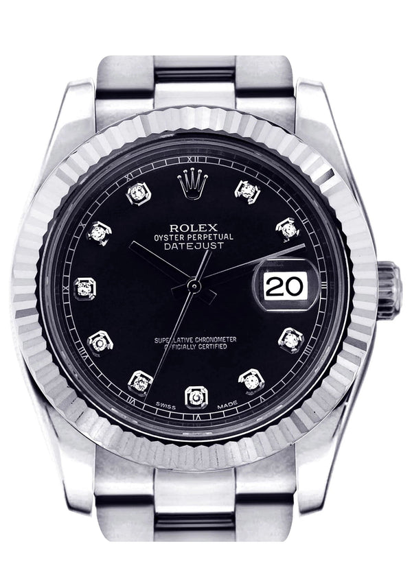 ROLEX DATEJUST 2 41 MM | STEEL WATCH | OYSTER BAND | BLACK DIAMOND DIAL | 18K FLUTED BEZEL
