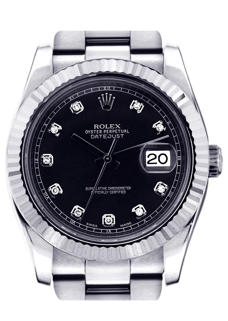 ROLEX DATEJUST 2 41 MM | STEEL WATCH | OYSTER BAND | BLACK DIAMOND DIAL | 18K FLUTED BEZEL