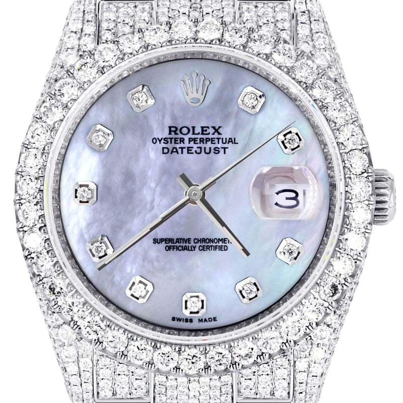 Iced Out Rolex Datejust 36 MM | Stainless Steel | 16.5 Carats of Diamonds | Mother of Pearl Diamond Dial | Oyster Band | Model 116200
