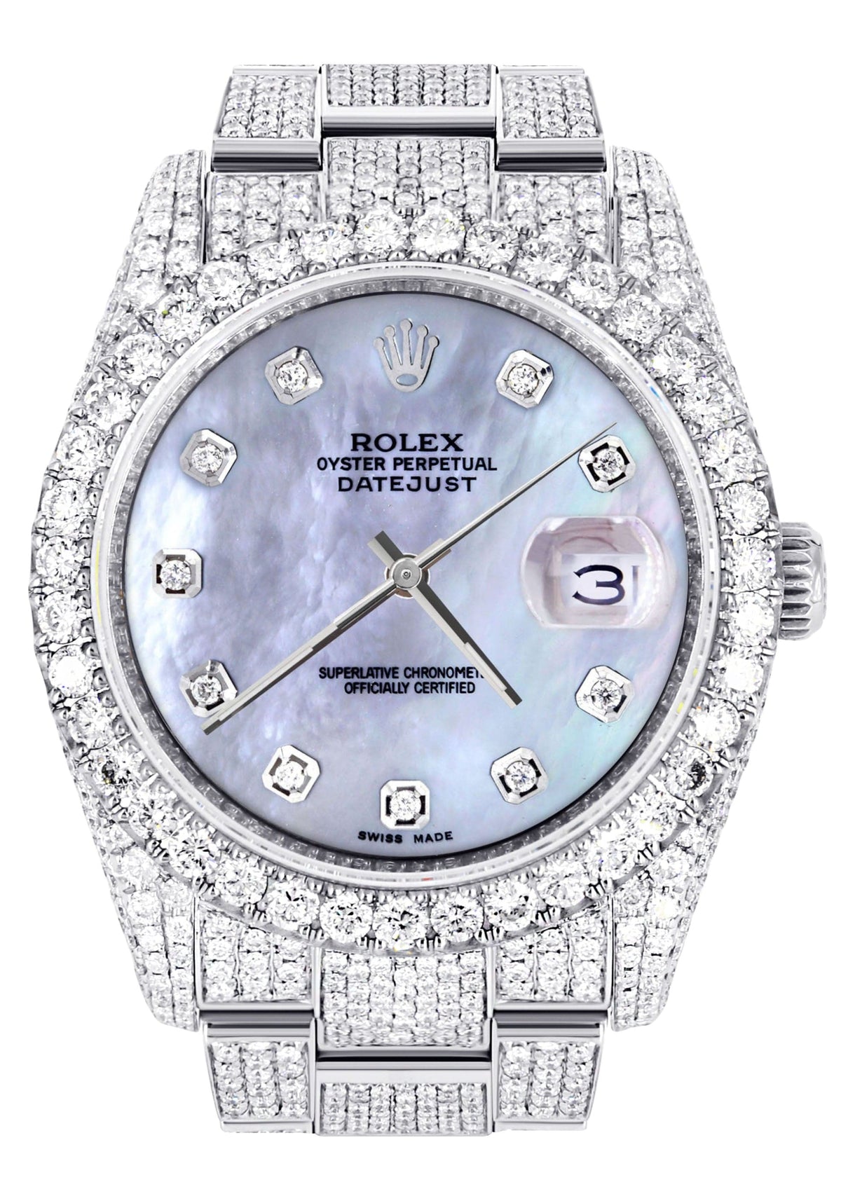 Iced Out Rolex Datejust 36 MM | Stainless Steel | 16.5 Carats of Diamonds | Mother of Pearl Diamond Dial | Oyster Band | Model 116200