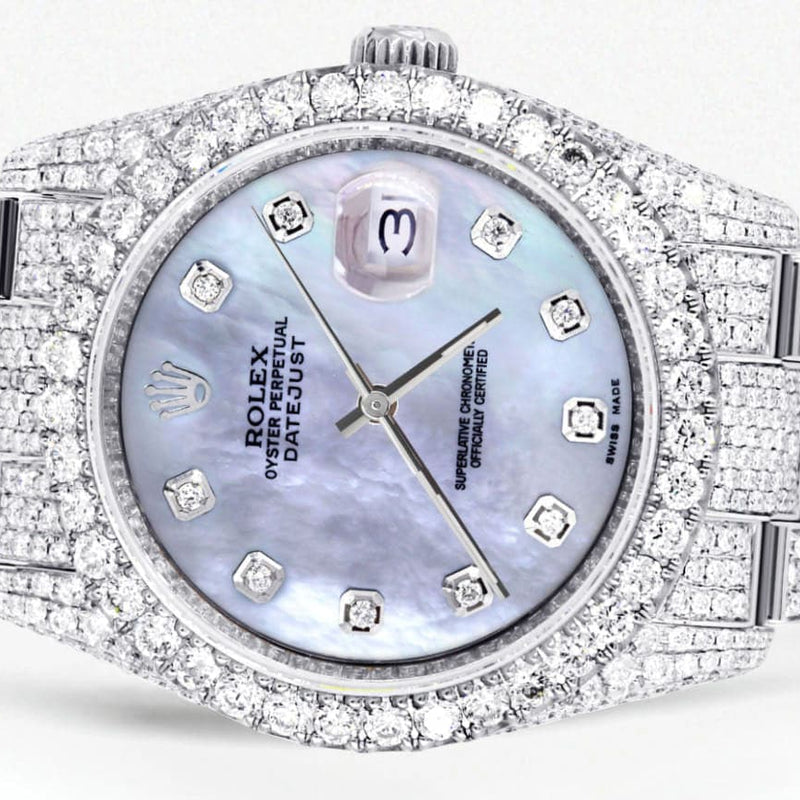 Iced Out Rolex Datejust 36 MM | Stainless Steel | 16.5 Carats of Diamonds | Mother of Pearl Diamond Dial | Oyster Band | Model 116200