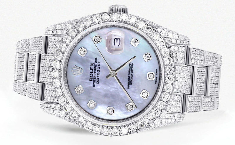 Iced Out Rolex Datejust 36 MM | Stainless Steel | 16.5 Carats of Diamonds | Mother of Pearl Diamond Dial | Oyster Band | Model 116200