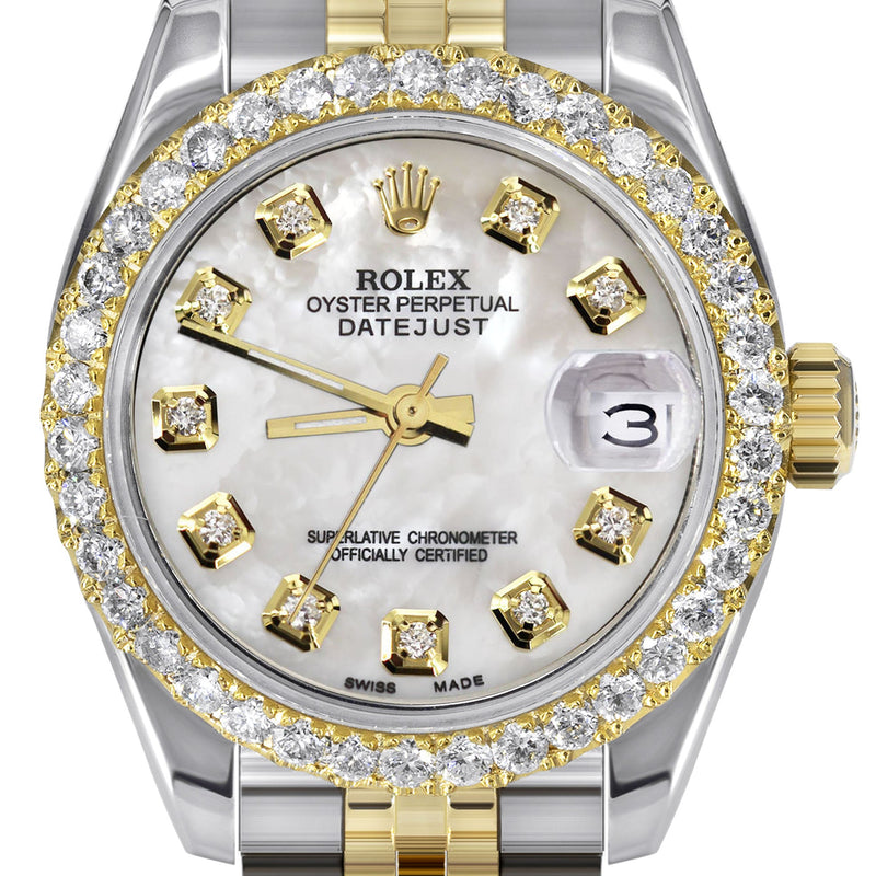 Womens Diamond Gold Hidden Clasp Rolex Watch | 1 Carat Bezel | 26Mm | Mother of Pearl Dial | Jubilee Band | Model 179173