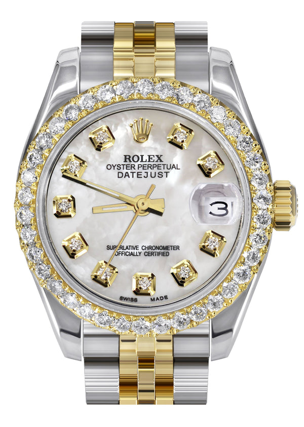 Womens Diamond Gold Hidden Clasp Rolex Watch | 1 Carat Bezel | 26Mm | Mother of Pearl Dial | Jubilee Band | Model 179173