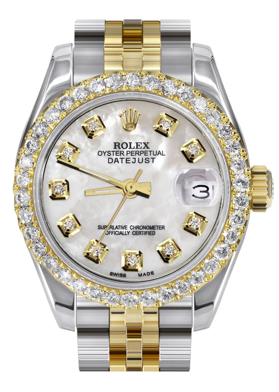 Womens Diamond Gold Hidden Clasp Rolex Watch | 1 Carat Bezel | 26Mm | Mother of Pearl Dial | Jubilee Band | Model 179173