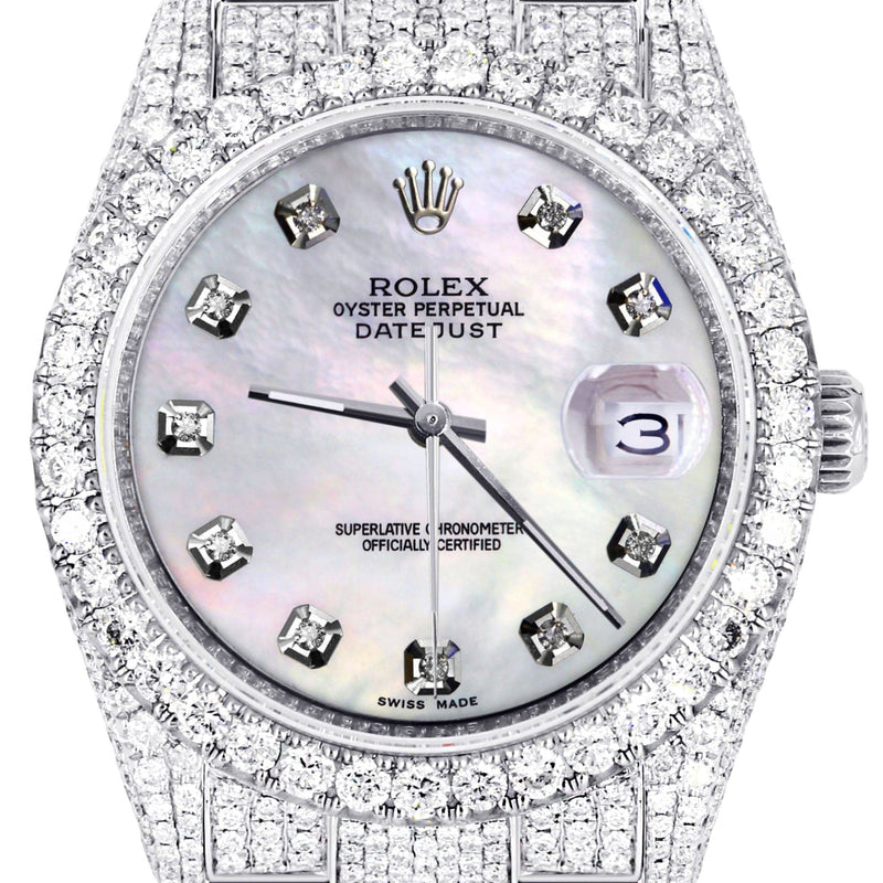 Iced Out Rolex Datejust 36 MM | Stainless Steel | 16.5 Carats of Diamonds | Light Mother of Pearl Diamond Dial | Oyster Band | Model 116200