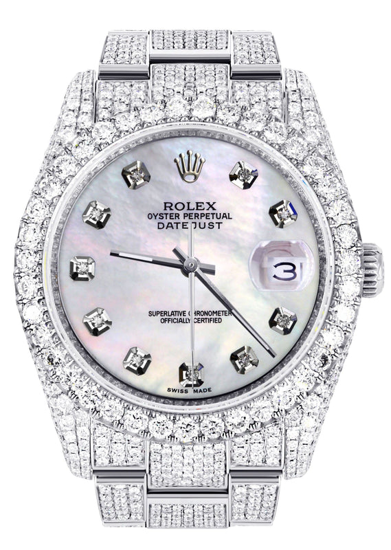 Iced Out Rolex Datejust 36 MM | Stainless Steel | 16.5 Carats of Diamonds | Light Mother of Pearl Diamond Dial | Oyster Band | Model 116200