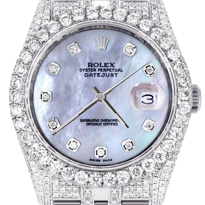 Iced Out Rolex Datejust 36 MM | Stainless Steel | 16.5 Carats of Diamonds | Blue Mother of Pearl Diamond Dial | Jubilee Band | Model 116200