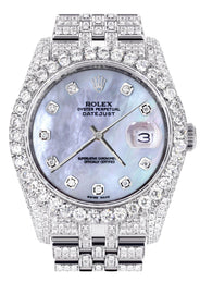 Iced Out Rolex Datejust 36 MM | Stainless Steel | 16.5 Carats of Diamonds | Blue Mother of Pearl Diamond Dial | Jubilee Band | Model 116200