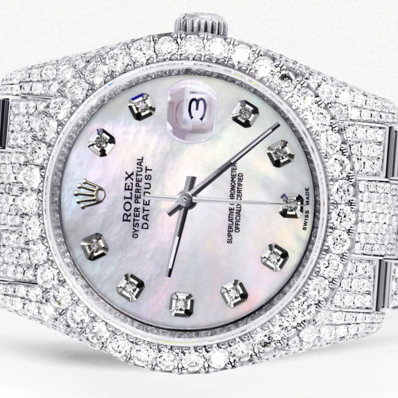 Iced Out Rolex Datejust 36 MM | Stainless Steel | 16.5 Carats of Diamonds | Light Mother of Pearl Diamond Dial | Oyster Band | Model 116200