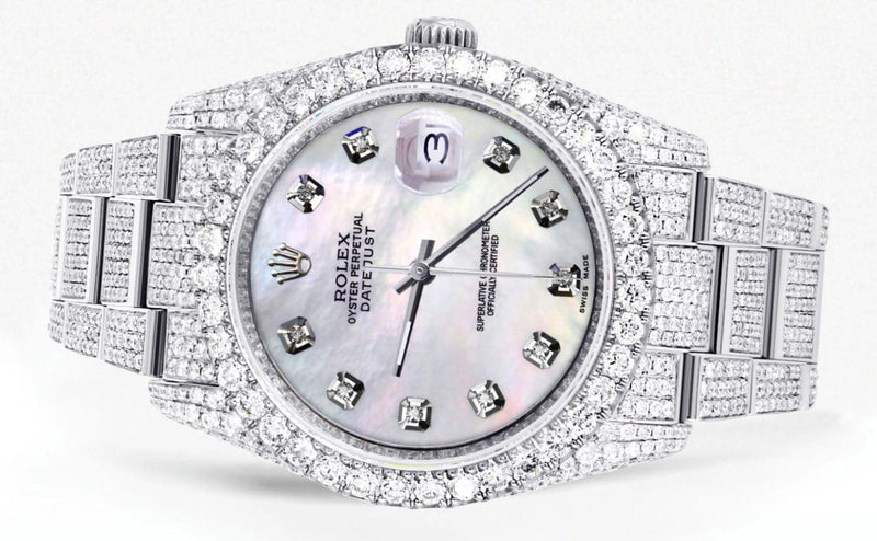 Iced Out Rolex Datejust 36 MM | Stainless Steel | 16.5 Carats of Diamonds | Light Mother of Pearl Diamond Dial | Oyster Band | Model 116200