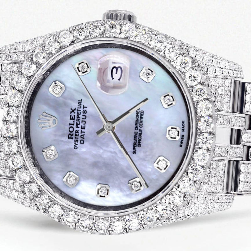 Iced Out Rolex Datejust 36 MM | Stainless Steel | 16.5 Carats of Diamonds | Blue Mother of Pearl Diamond Dial | Jubilee Band | Model 116200