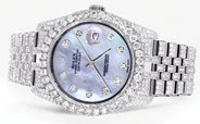 Iced Out Rolex Datejust 36 MM | Stainless Steel | 16.5 Carats of Diamonds | Blue Mother of Pearl Diamond Dial | Jubilee Band | Model 116200