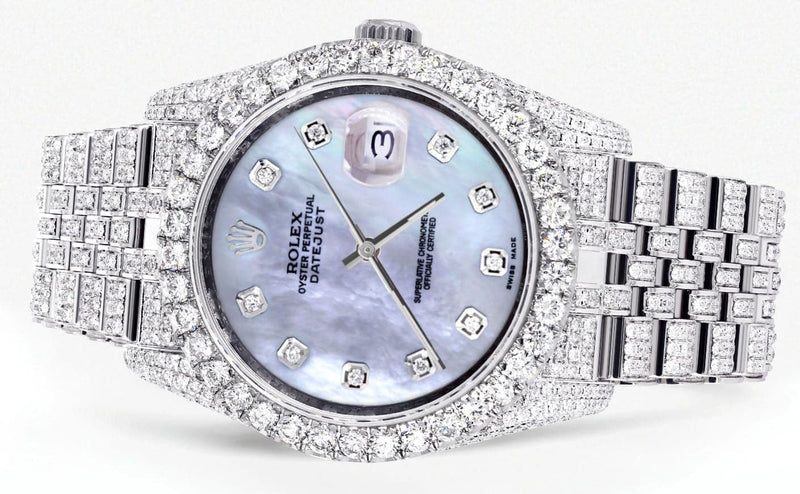Iced Out Rolex Datejust 36 MM | Stainless Steel | 16.5 Carats of Diamonds | Blue Mother of Pearl Diamond Dial | Jubilee Band | Model 116200